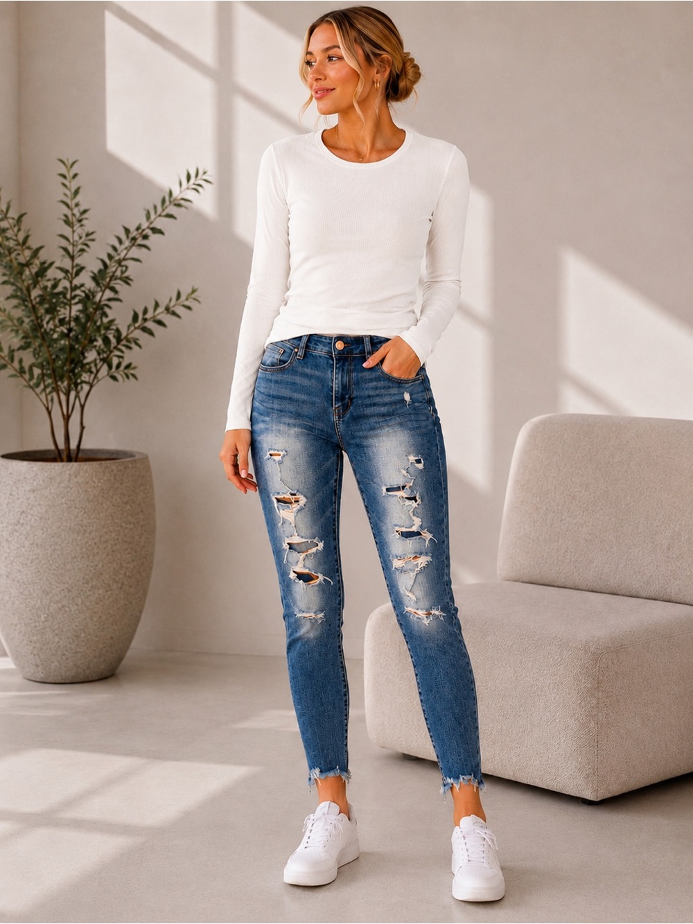Distressed High Rise Skinny Jeans | Medium Wash Denim | Raw Hem | Women’s